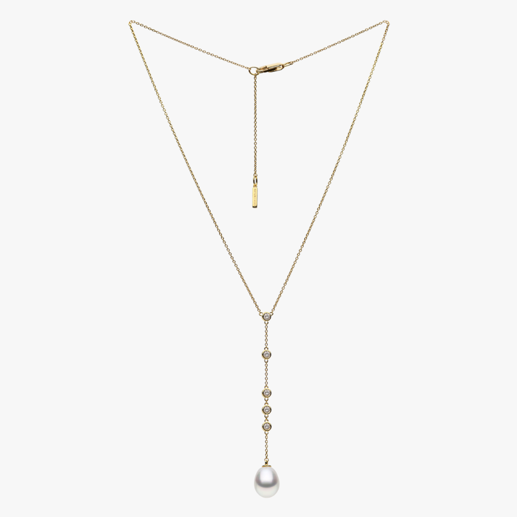Portia Necklace — 18k gold vermeil lariat necklace with an 8-9mm South Sea pearl and bezel-set white diamonds, AUTORE MODA