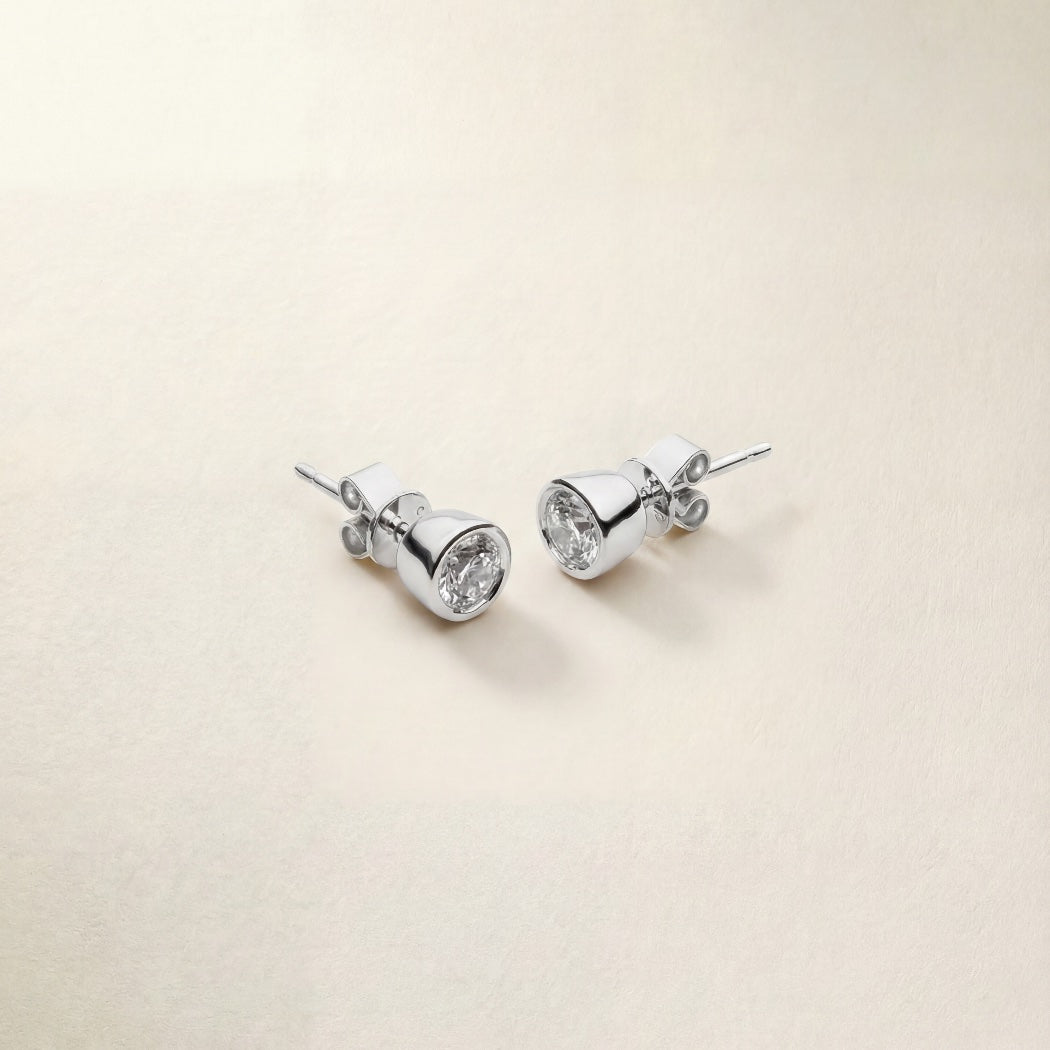 9k Solid Gold Bezel Studs – white diamond stud earrings, Autore Moda