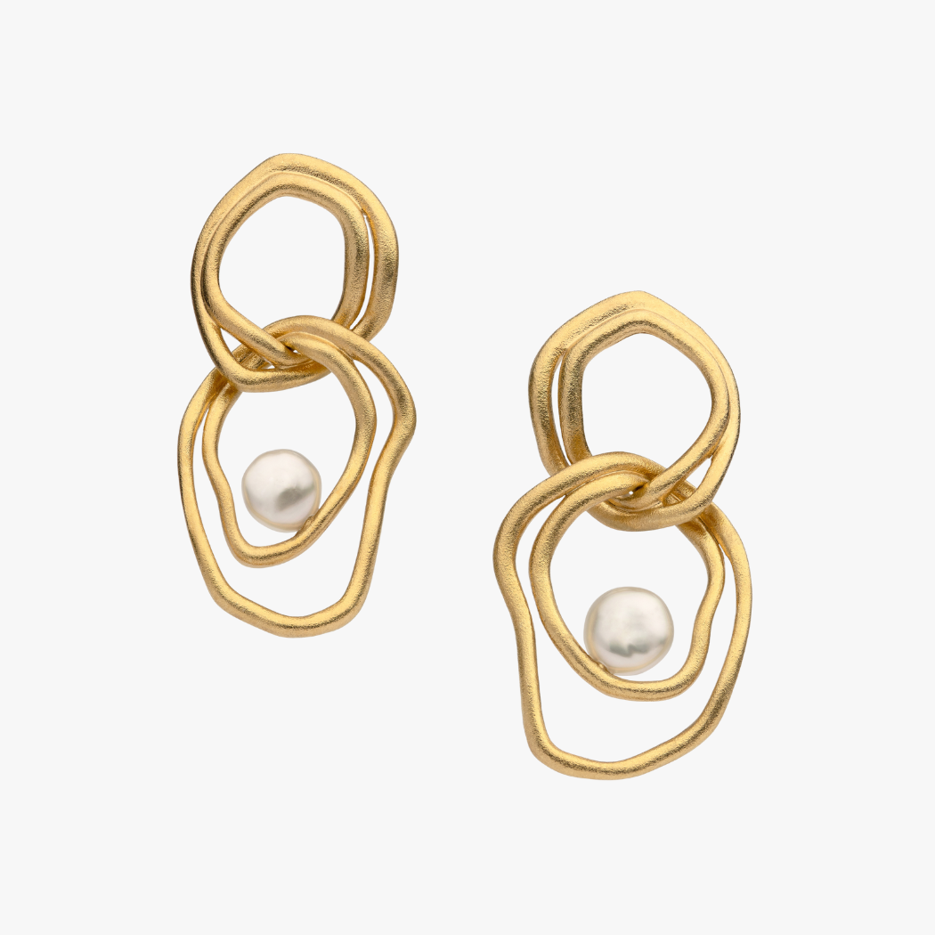 Matte 18k Yellow Gold Vermeil earrings with South Sea Keshi pearl centres on a white background