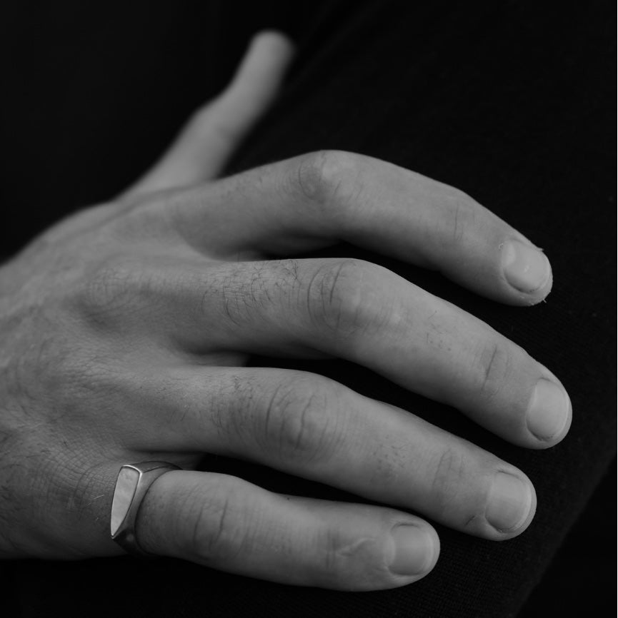 9k Solid Gold Hunter Ring worn on hand – men's mother of pearl ring, Autore Moda
