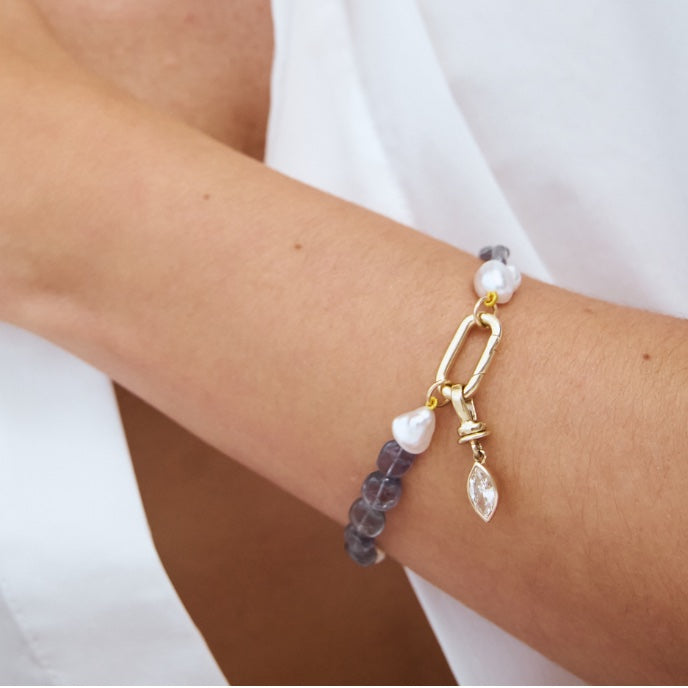 0.76ct Natural Marquise Champagne Diamond Charm on iolite and keshi bracelet, Autore Moda