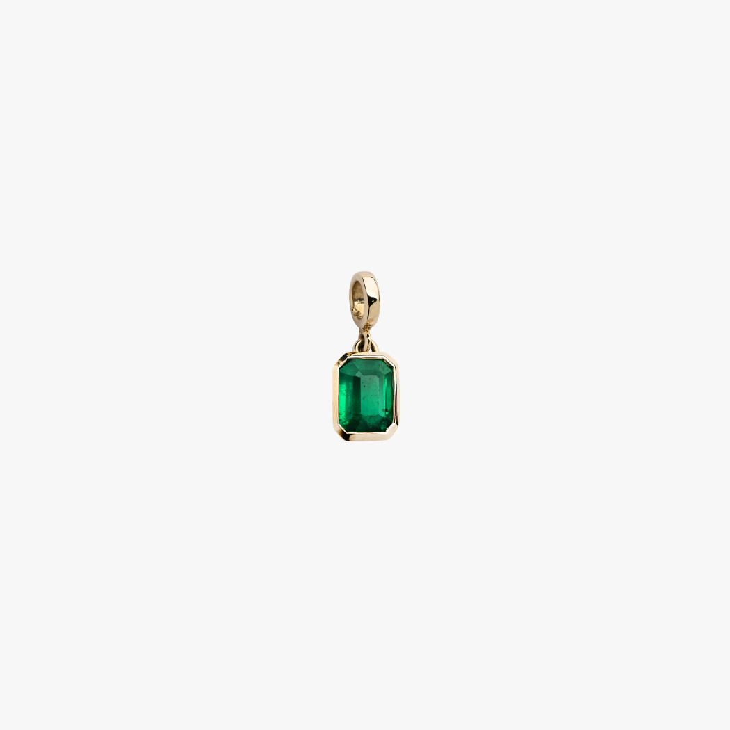 9k solid gold bezel set Emerald charm with hinged clasp for personalising your own necklace or bracelet.