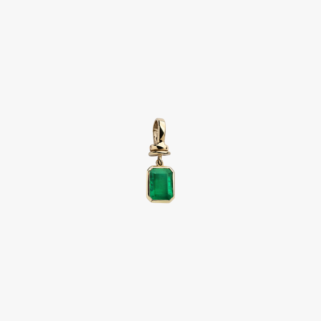 9k solid gold bezel-set emerald charm with hinged clasp for personalising your own necklace or bracelet.
