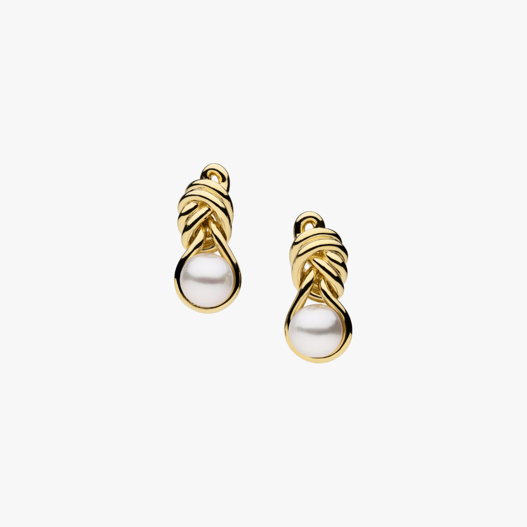 Pair of knot style 18k yellow gold vermeil earrings with South Sea pearls