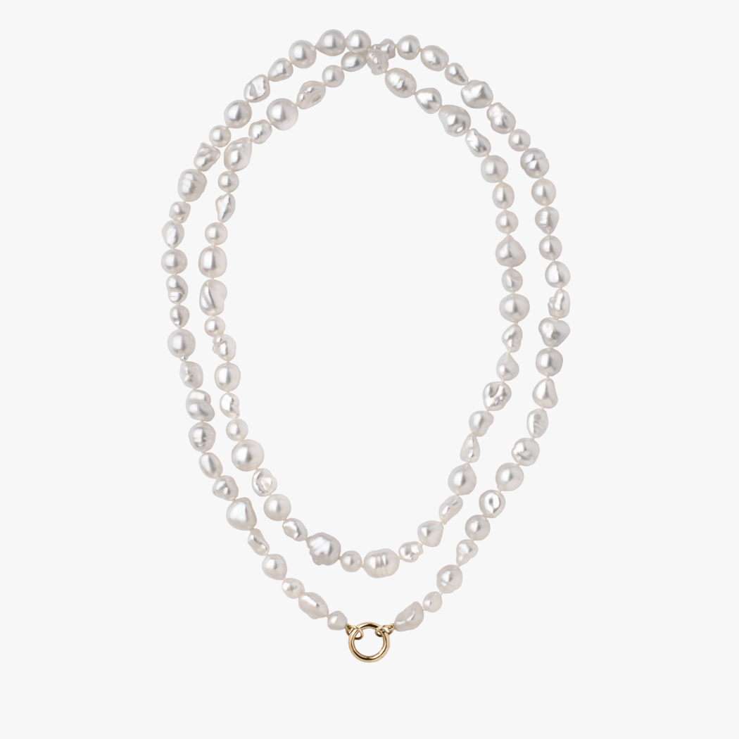 Handcrafted double row necklace of Keshi South Sea pearls with 9kt gold hinged clasp designed for personalising with your own charms.