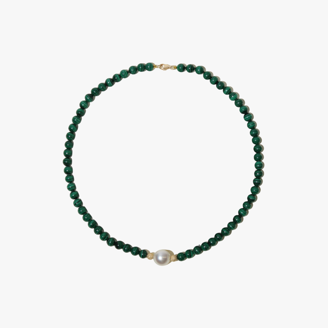 Malachite Bead Necklace with 12-13mm South Sea Pearl with 9k solid gold clasp