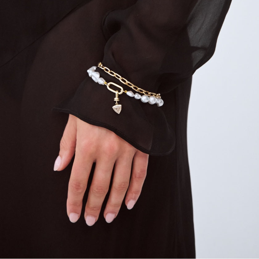 0.86ct Natural Trilliant Champagne Diamond Charm worn on keshi pearl bracelet, Autore Moda