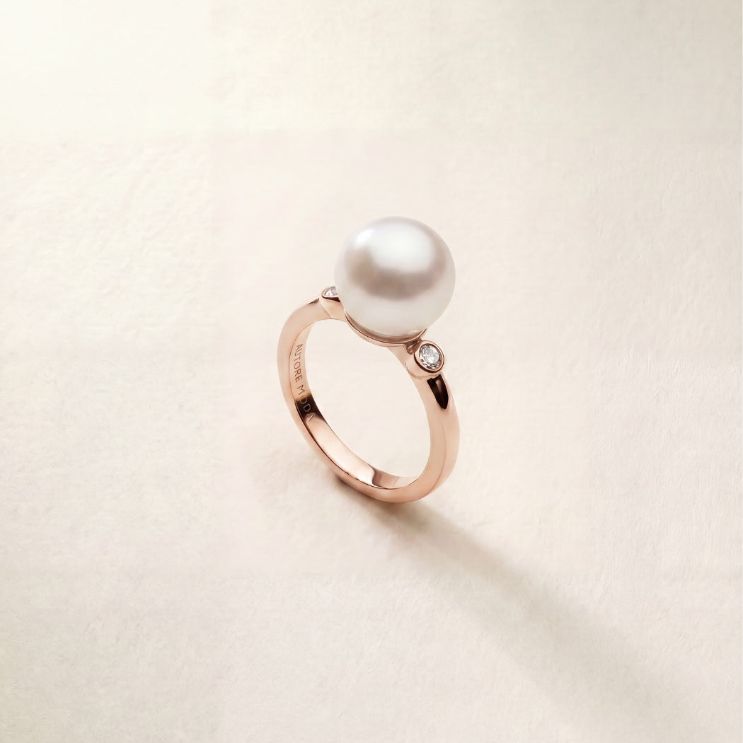 9k Solid Gold Allegra Ring – South Sea pearl and white diamond ring, Autore Moda