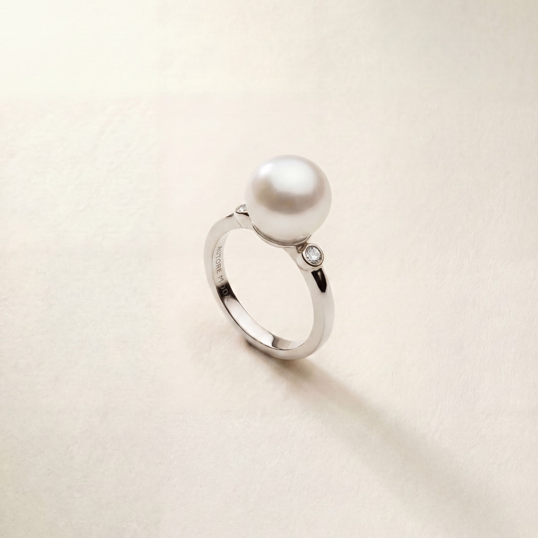 9k Solid Gold Allegra Ring – South Sea pearl and white diamond ring, Autore Moda
