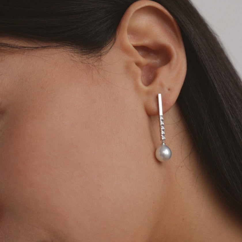 Amelia Earrings worn on model – South Sea pearl and white sapphire earrings, Autore Moda