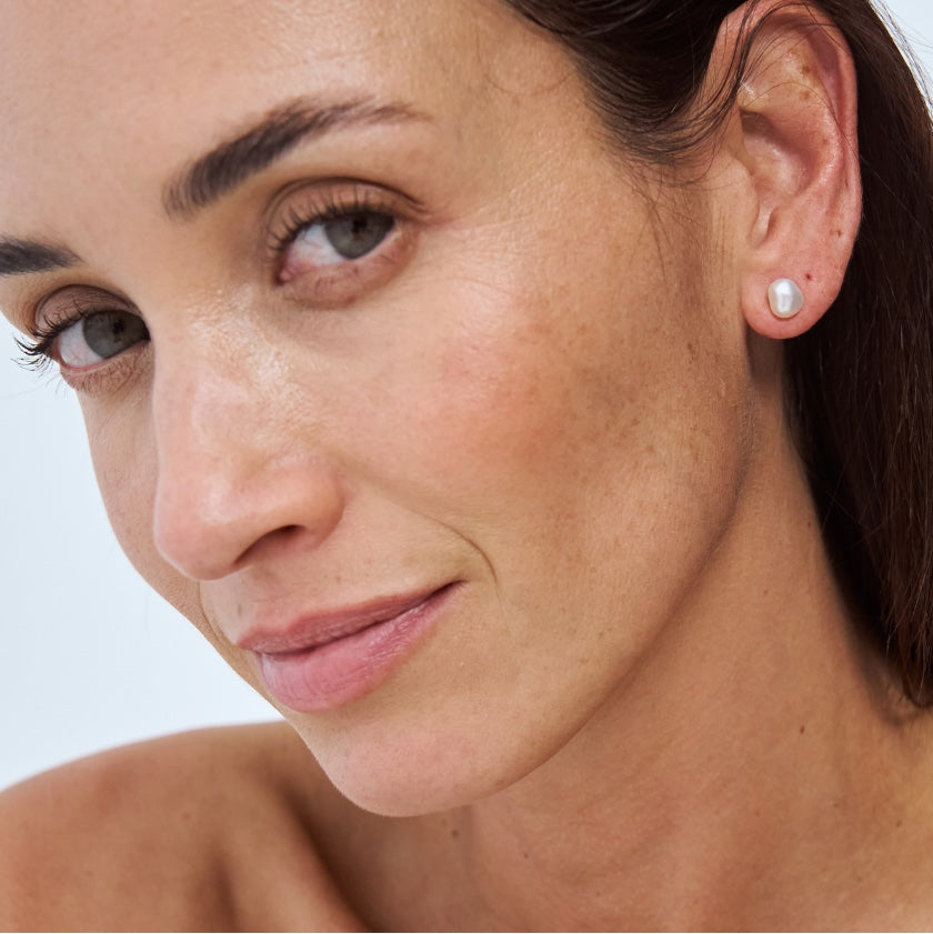 Camille Keshi Studs worn on model – Keshi South Sea pearl stud earrings, Autore Moda