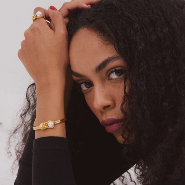 Melanie Bangle worn on model – South Sea pearl bangle, Autore Moda