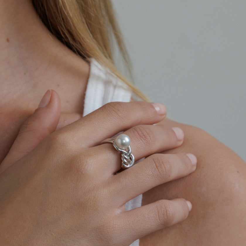 Melanie Ring worn on hand – South Sea pearl ring, Autore Moda