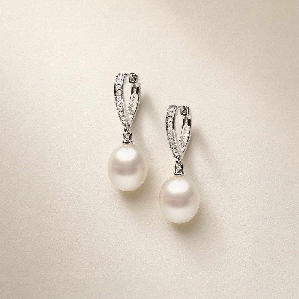 Mia Earrings – South Sea pearl and white diamond huggie earrings, Autore Moda