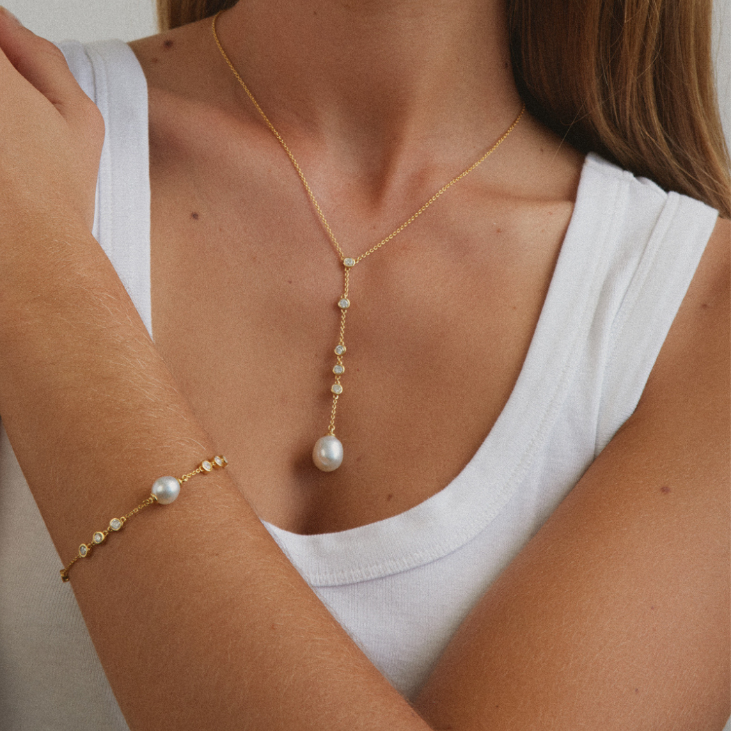 Portia Necklace — 18k gold vermeil lariat necklace with an 8-9mm South Sea pearl and bezel-set white diamonds, AUTORE MODA