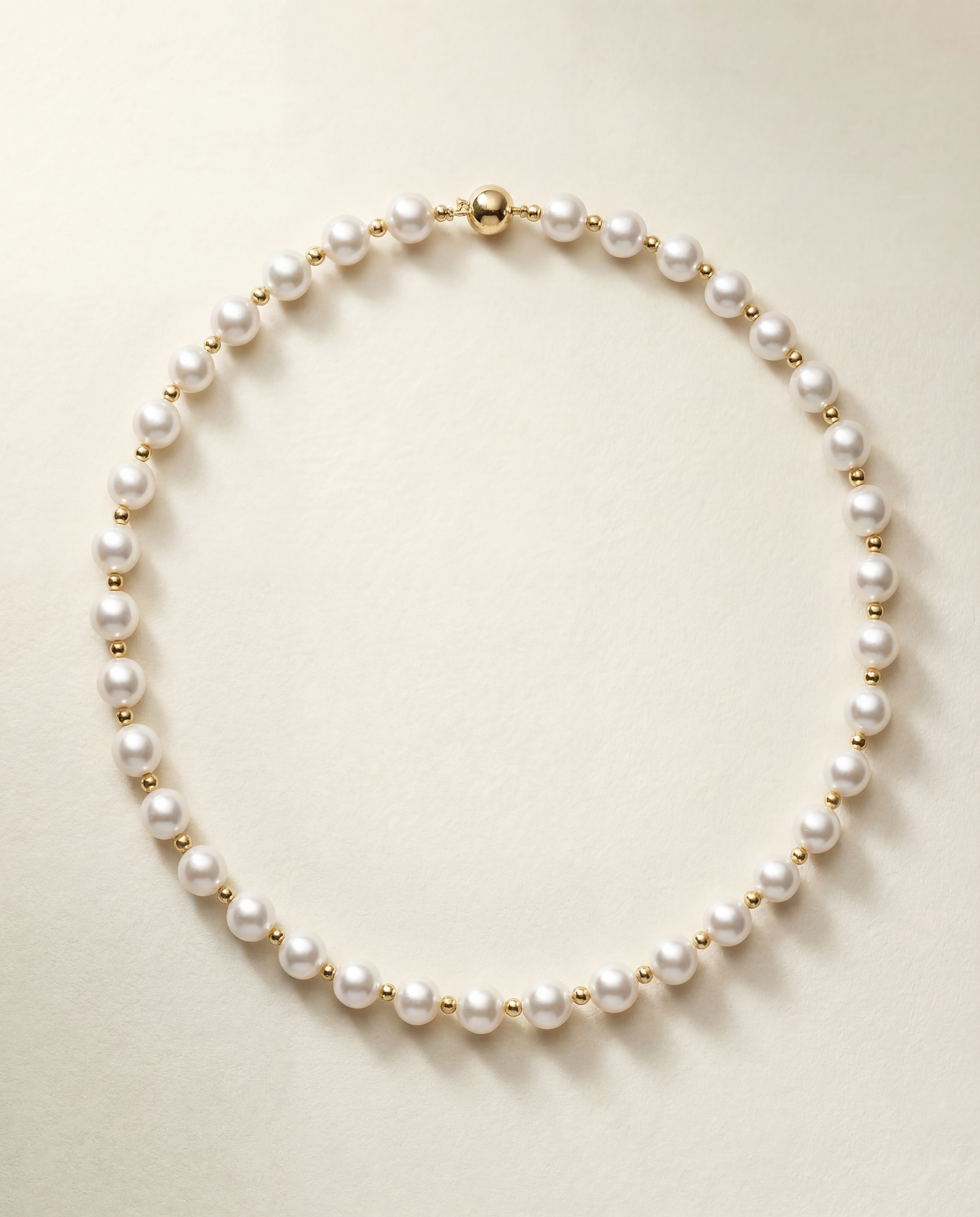 Pearl necklace with gold clasp on a beige background