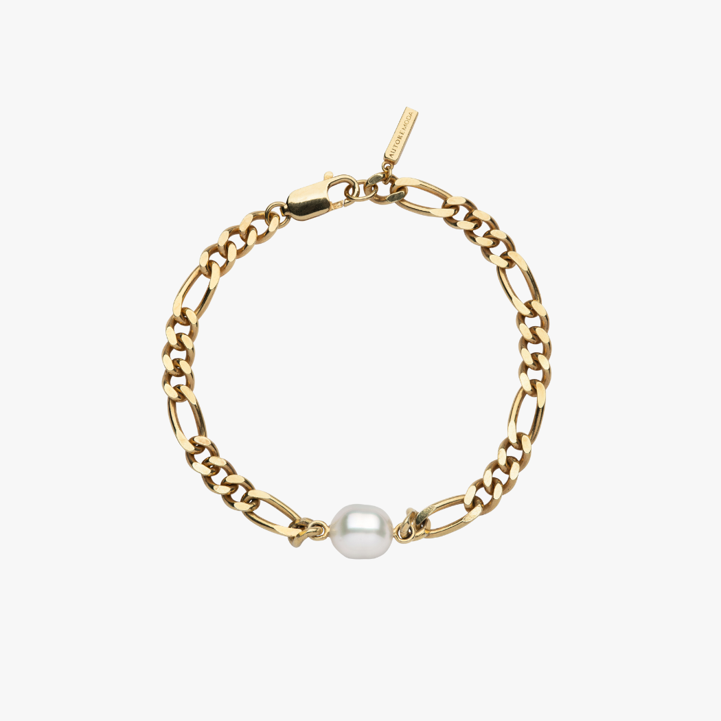 18k Gold Vermeil Italian-style chain bracelet with a South Sea pearl and lobster clasp on a white background