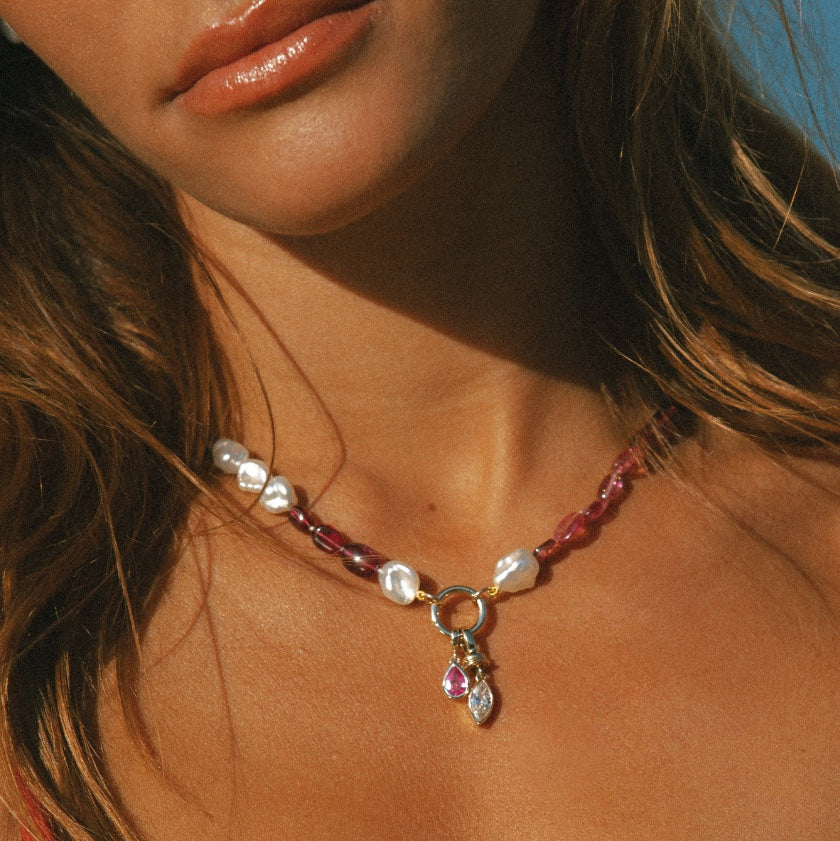 Keshi & Pink Tourmaline Necklace – 9k gold Keshi South Sea pearl and tourmaline bead necklace, Autore Moda