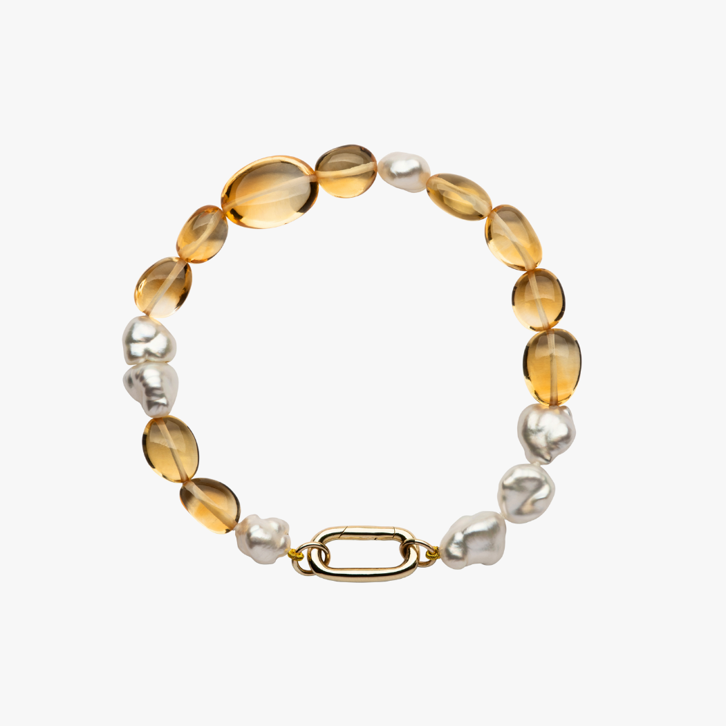 Handmade Keshi South Pearl and Citrine gemstone beaded bracelet with 9kt gold hinged clasp for adding your own charms.