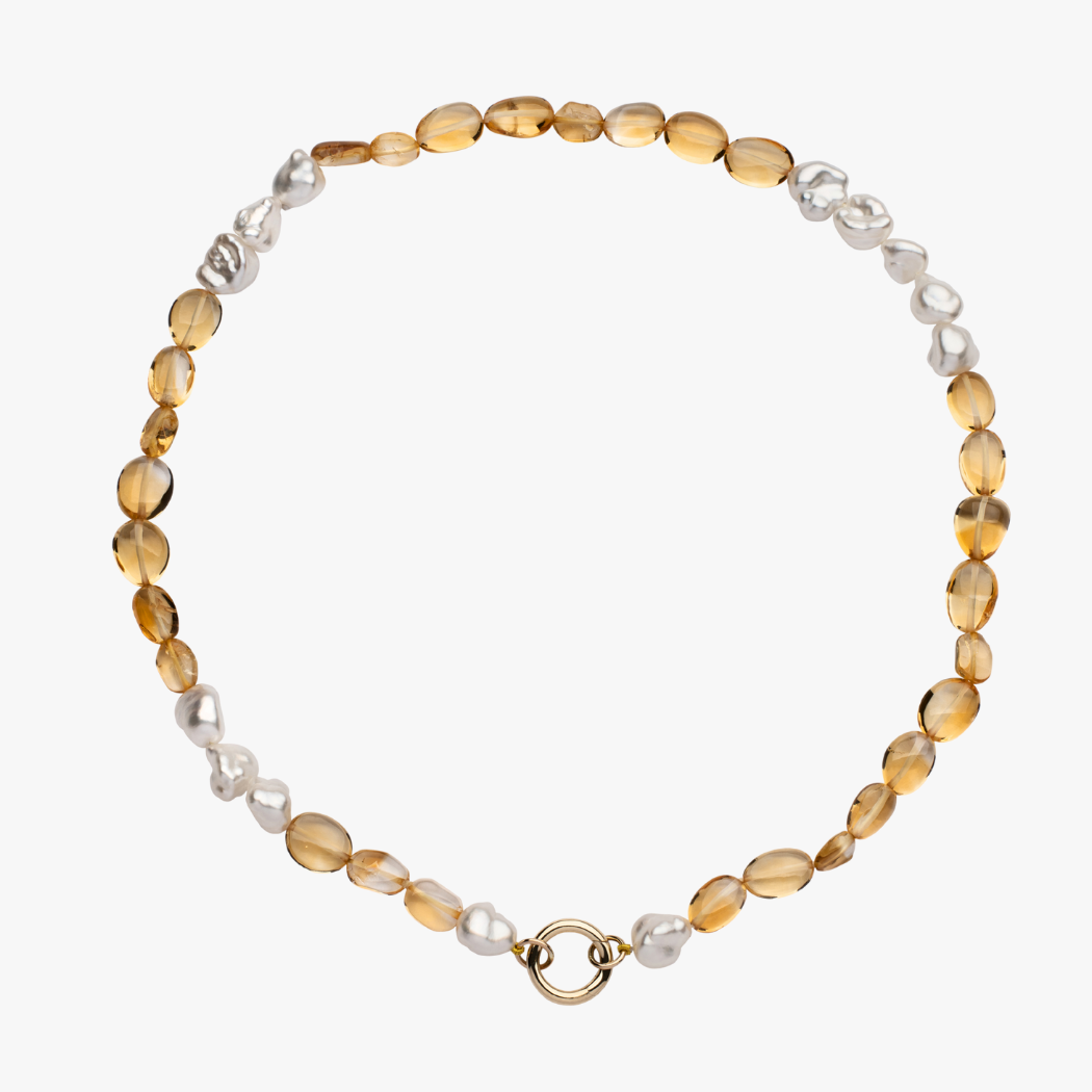 Handmade Keshi South Sea Pearl and Citrine gemstone beaded necklace with 9kt gold hinged clasp for mixing and matching charms.