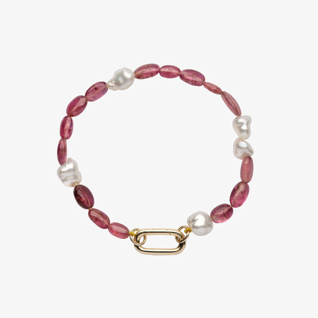 Handmade Keshi South Pearl and Pink Tourmaline gemstone beaded bracelet with 9kt gold hinged clasp for adding your own charms, mixing and matching.