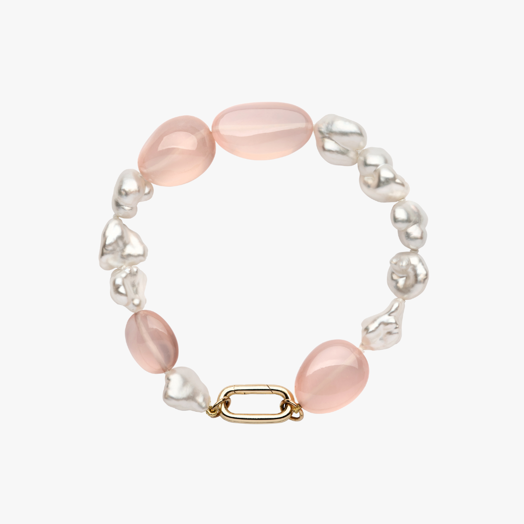 Handmade Keshi South Pearl and Rose Quartz gemstone beaded bracelets with 9kt gold hinged clasp for adding your own charms.