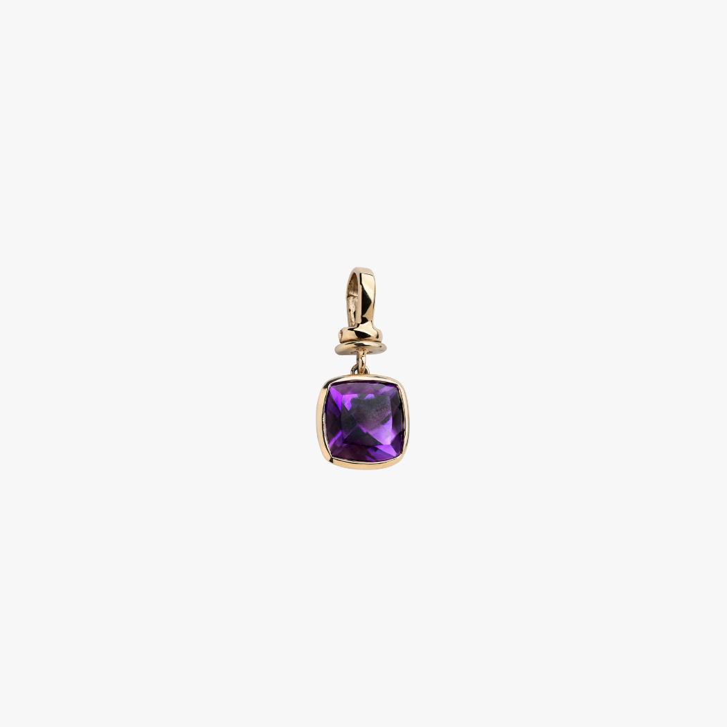 9k solid gold bezel-set amethyst charm with hinged clasp for personalising your own necklace or bracelet.