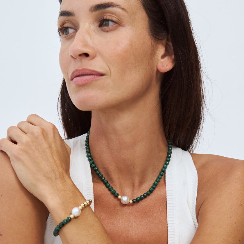 Statement Pearl Bead Bracelet worn on model – South Sea pearl and gemstone beads, Autore Moda