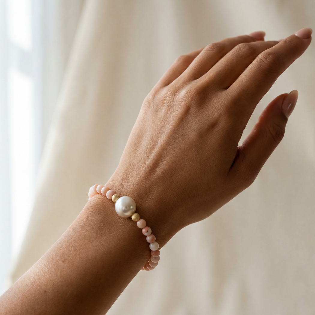 Hand wearing a pearl bracelet against a neutral background