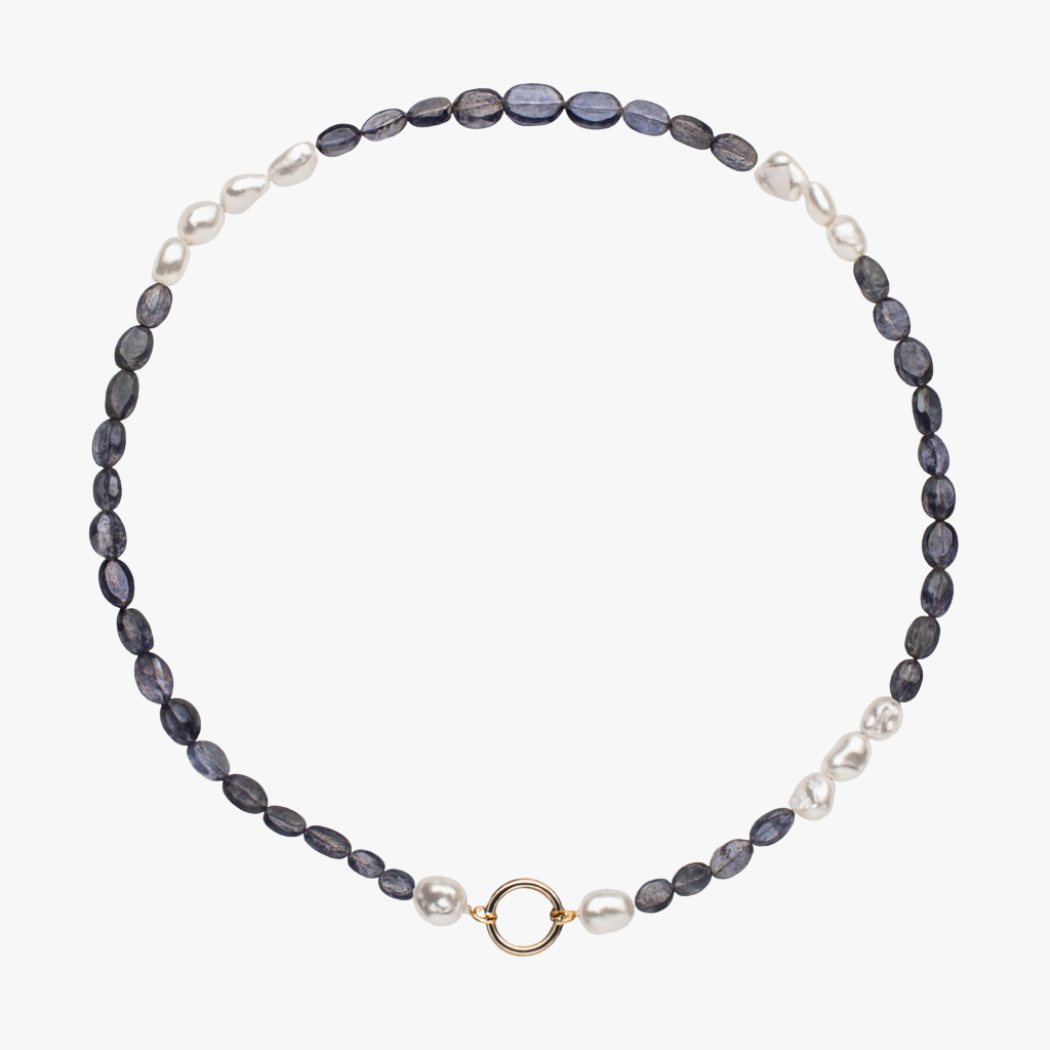 Handmade Keshi South Sea Pearl and Iolite gemstone beaded necklace with 9kt gold hinged clasp for adding your own charms.