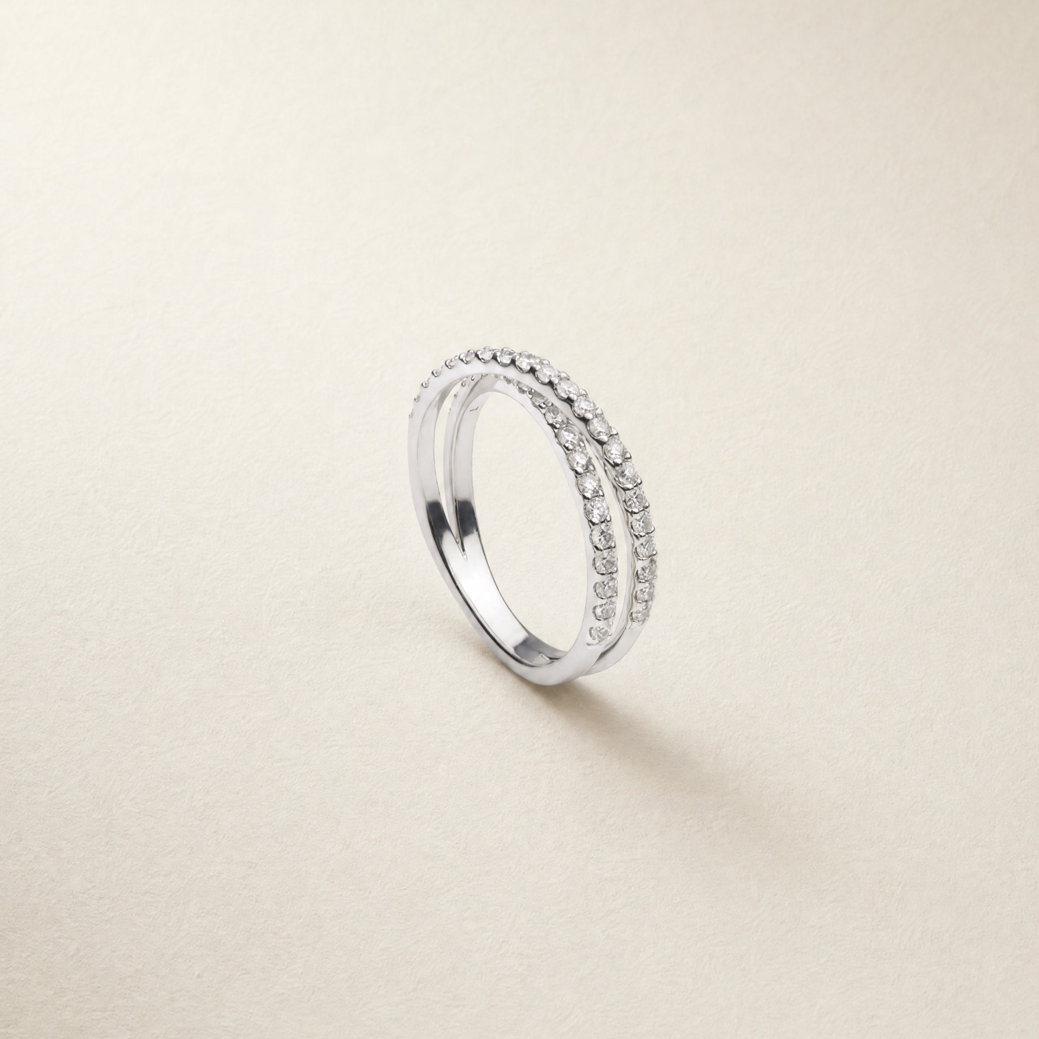 9k Solid Gold Crossover Ring – white diamond ring, Autore Moda