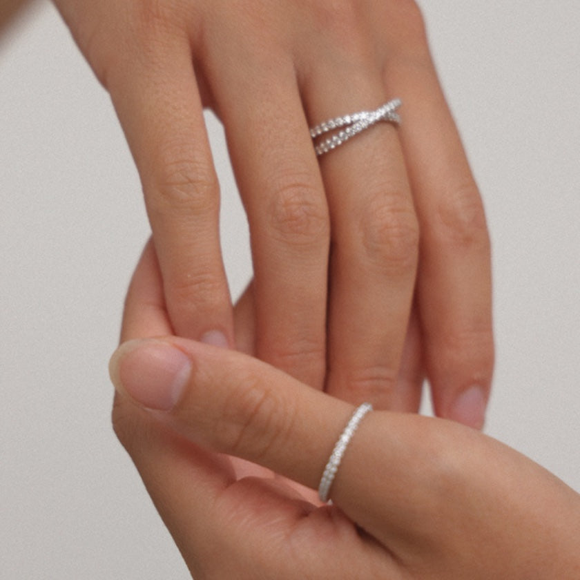 9k Solid Gold Eternity Ring worn on hand – white diamond eternity ring, Autore Moda