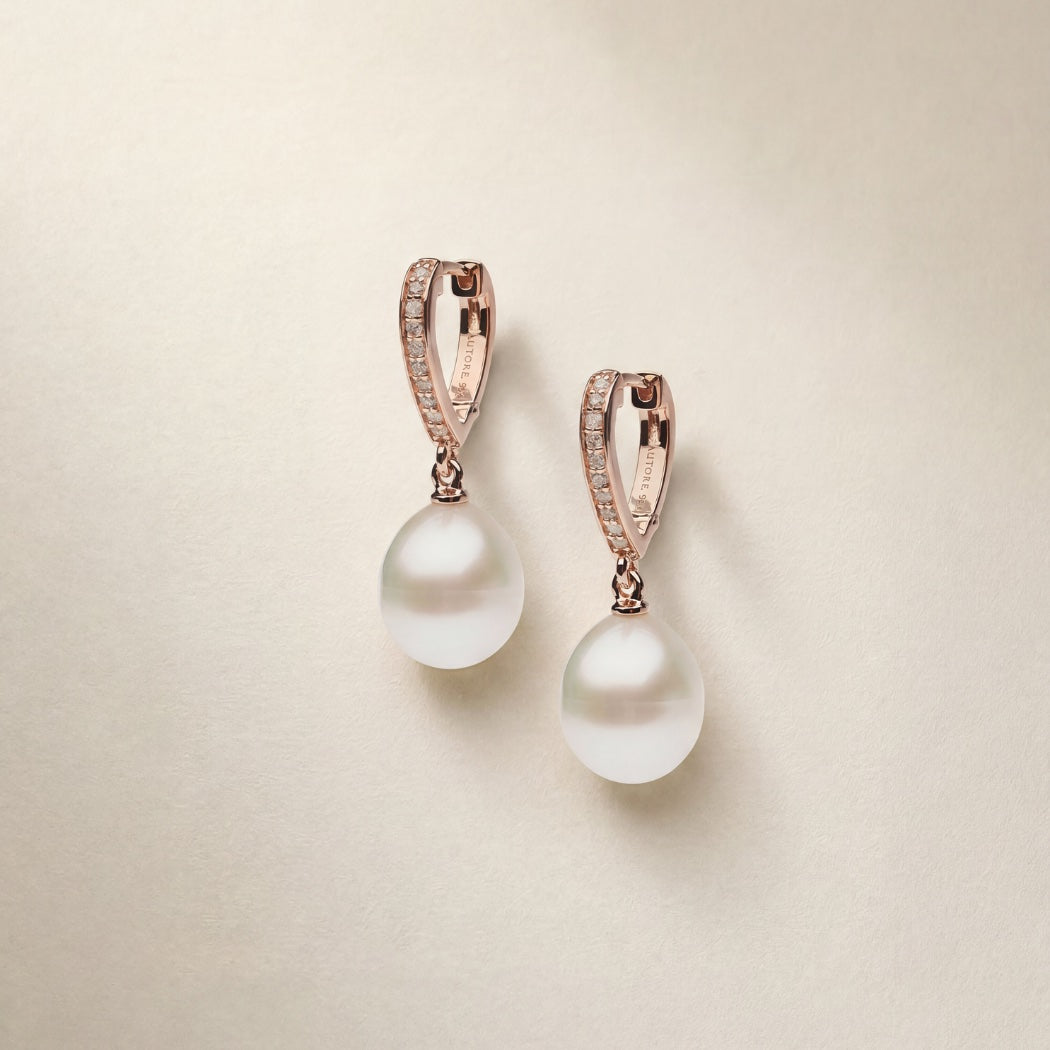 Mia Earrings – South Sea pearl and white diamond huggie earrings, Autore Moda