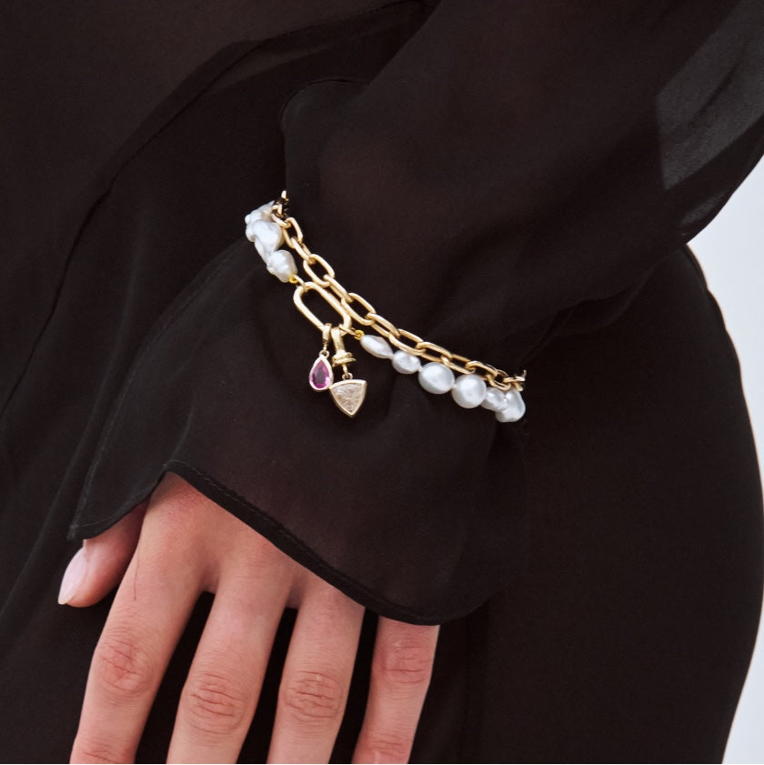 Natural Pink Sapphire Charm worn on keshi pearl bracelet, Autore Moda