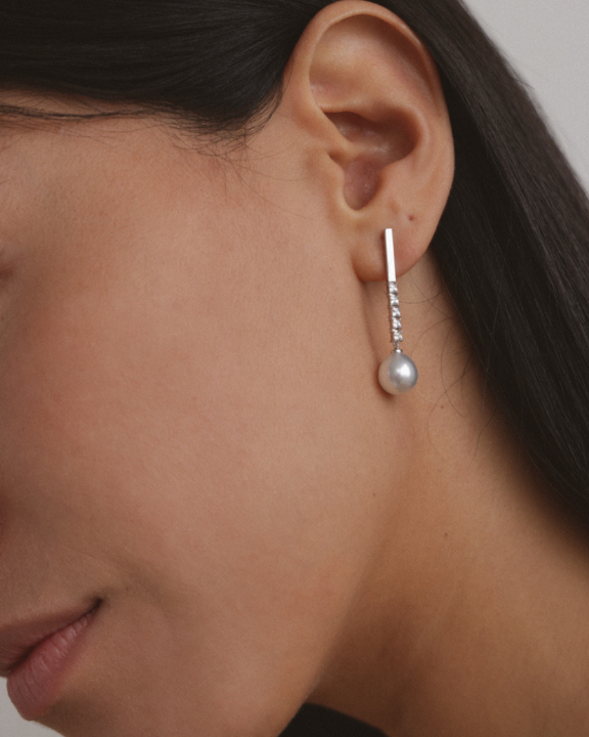 pearl and white sapphire earrings model shot